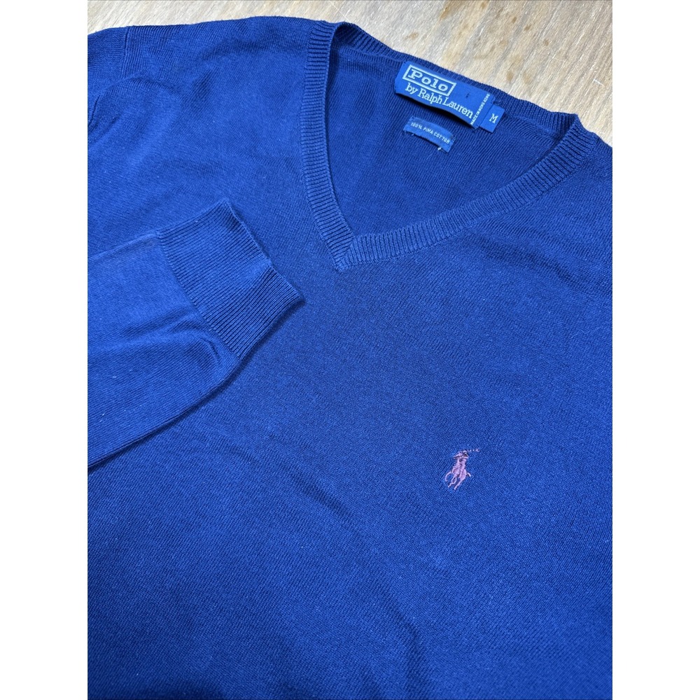 Polo Ralph Lauren V‎ Neck Sweater Mens M Blue Cotton Maroon Pony Logo Pullover